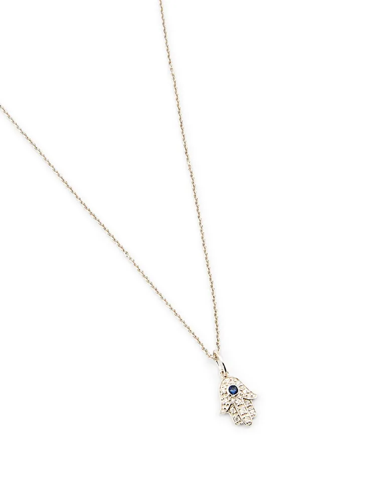 14K White Gold Hamsa Necklace With Diamonds And Sapphire