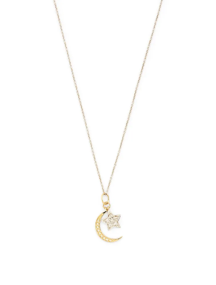 14K Gold Moon And Star Necklace With Diamonds