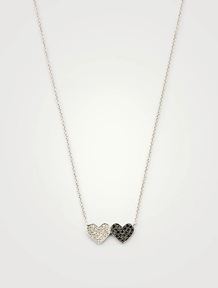 14K White Gold Double Heart Necklace With White And Black Diamonds