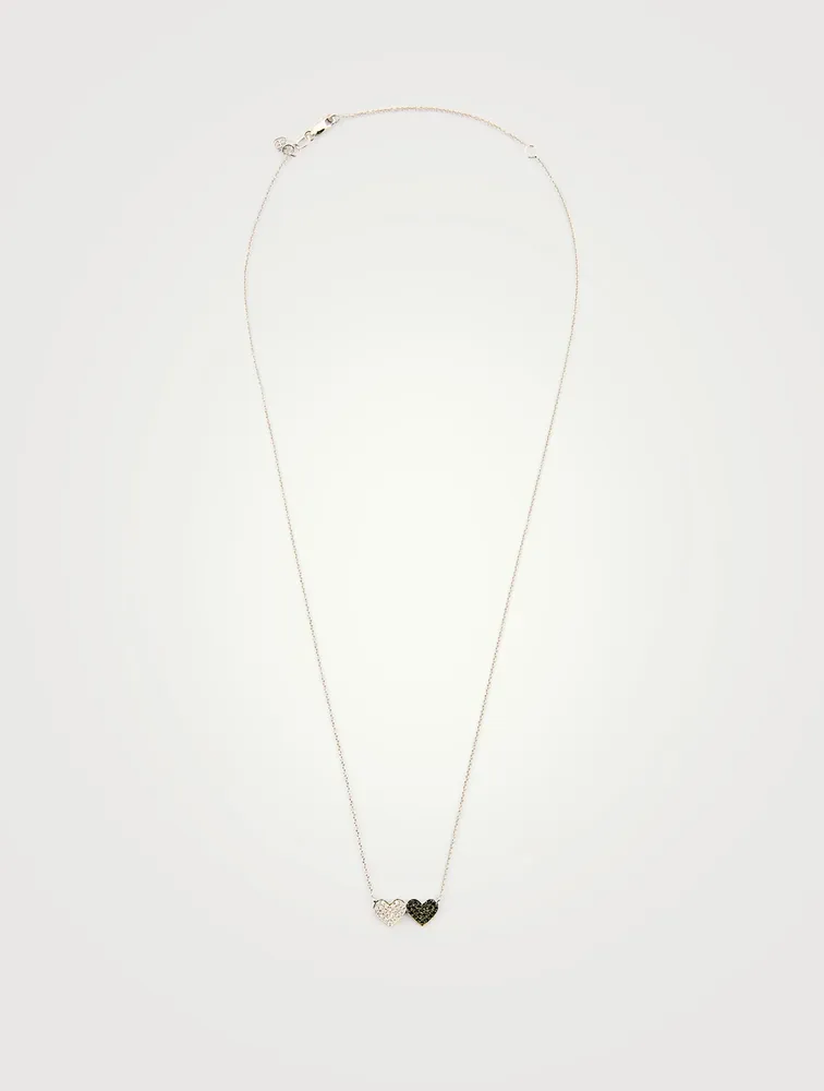14K White Gold Double Heart Necklace With White And Black Diamonds