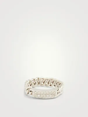 14K White Gold Bar Chain Ring With Diamonds