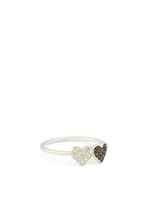 14K White Gold Double Heart Ring With White And Black Diamonds