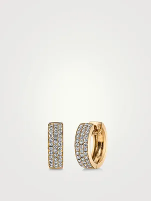 18K Gold Three Row Huggie Hoop Earrings With Diamonds