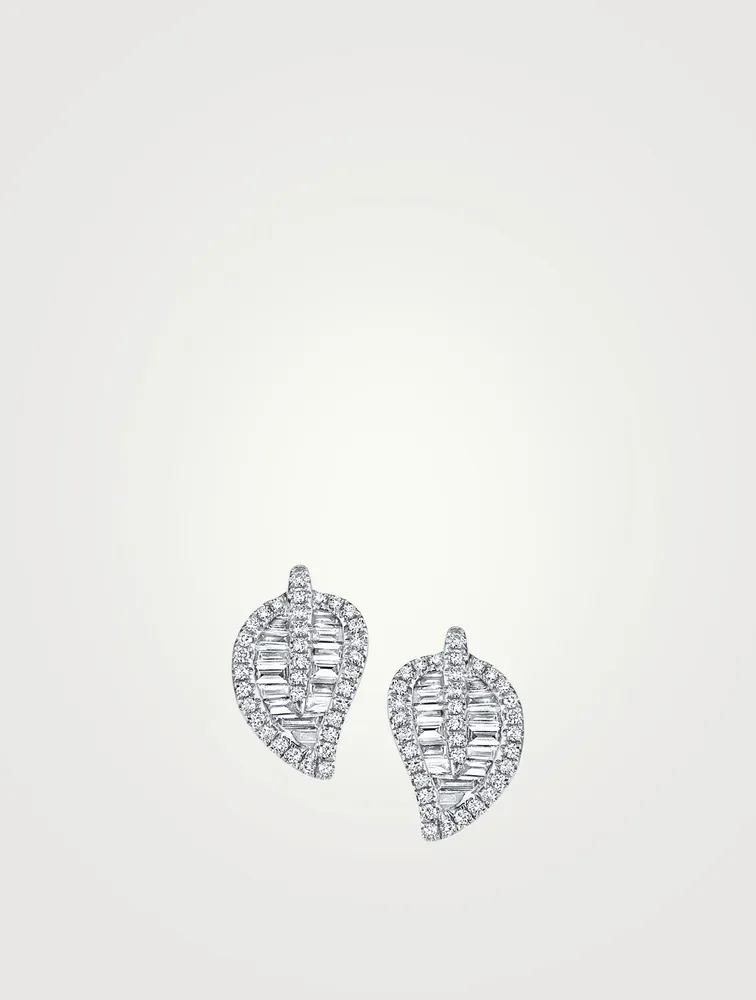 Medium 18K White Gold Leaf Stud Earrings With Diamonds