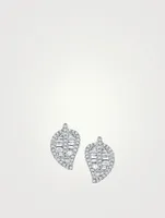 Medium 18K White Gold Leaf Stud Earrings With Diamonds