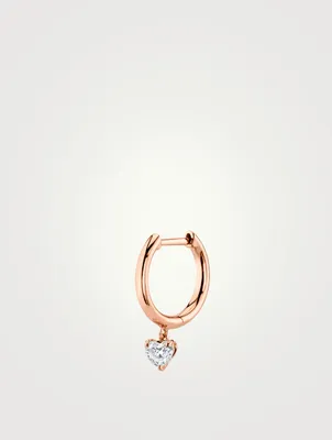 18K Rose Gold Huggie Hoop Earring With Heart Diamond Drop