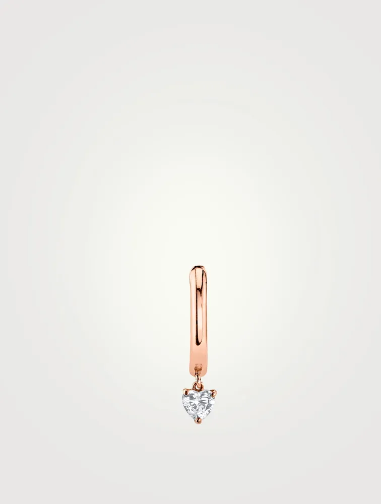 18K Rose Gold Huggie Hoop Earring With Heart Diamond Drop