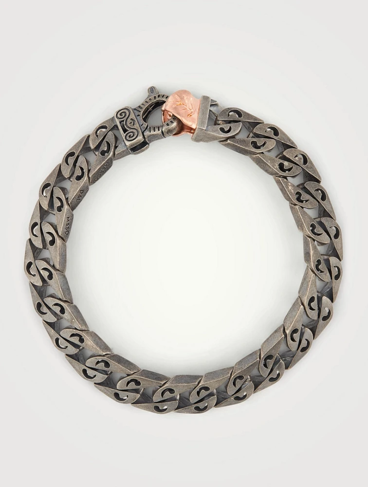 Flaming Tongue Logo Silver Link Bracelet With Black Diamonds