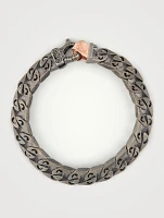 Flaming Tongue Logo Silver Link Bracelet With Black Diamonds