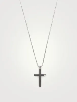 The Cross Black And White Silver Thin Pendant Necklace With Ivory Enamel