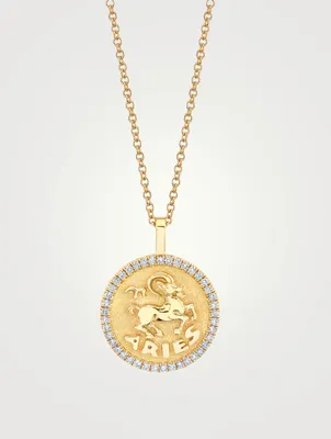 18K Gold Zodiac Aries Coin Pendant Necklace With Diamonds