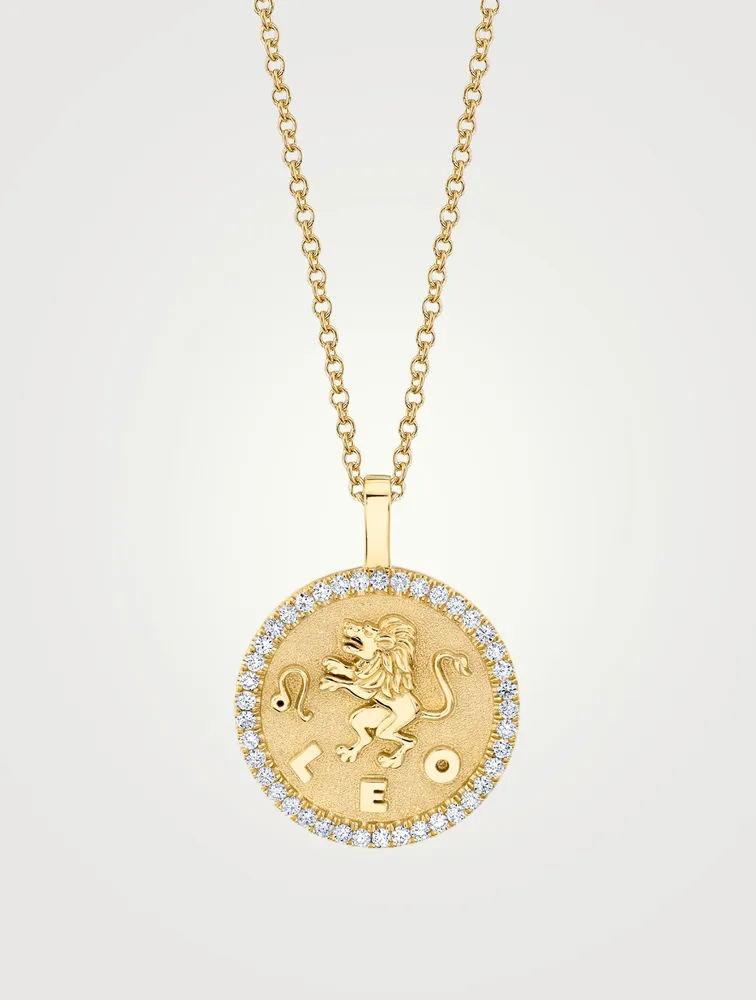 18K Gold Zodiac Leo Coin Pendant Necklace With Diamonds