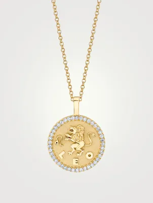 18K Gold Zodiac Leo Coin Pendant Necklace With Diamonds