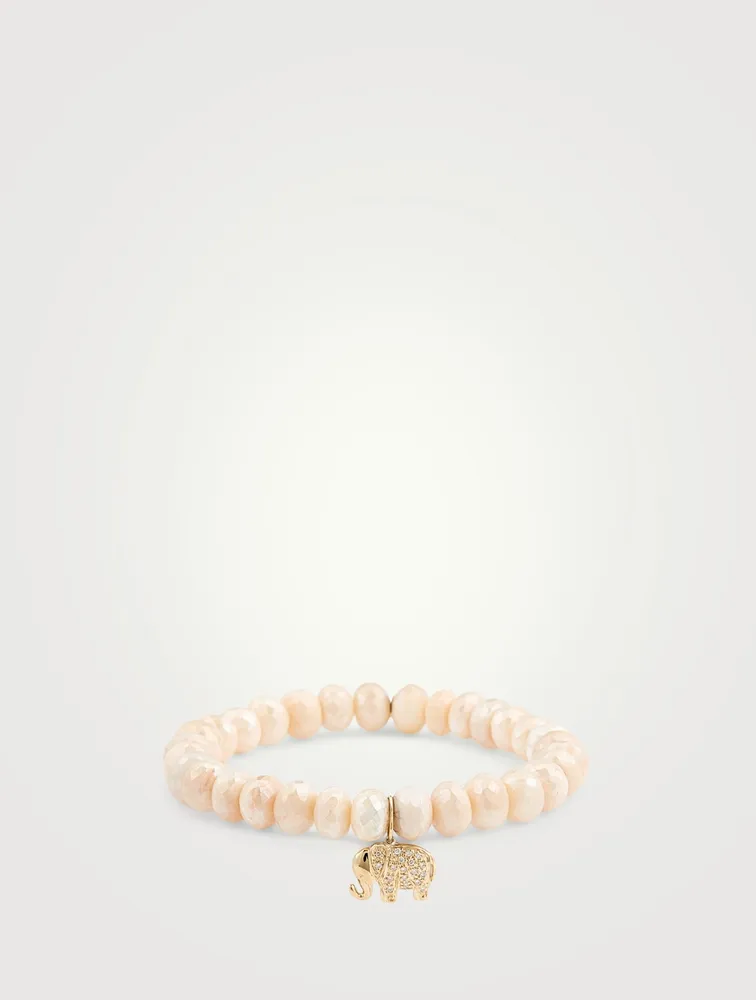 Moonstone Beaded Bracelet With 14K Gold Diamond Elephant Charm