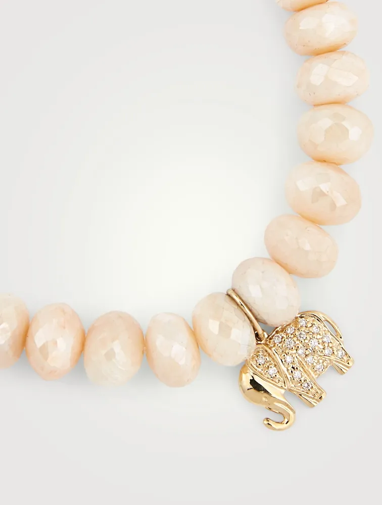 Moonstone Beaded Bracelet With 14K Gold Diamond Elephant Charm
