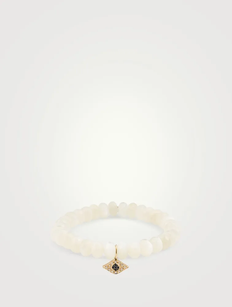 Moonstone Beaded Bracelet With 14K Gold Diamond Evil Eye Charm