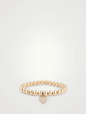 14K Gold Beaded Bracelet With Diamond Heart Charm