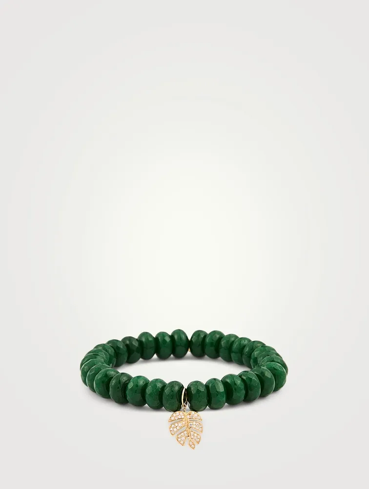 Beaded Bracelet With 14K Gold Diamond Monstera Leaf Charm