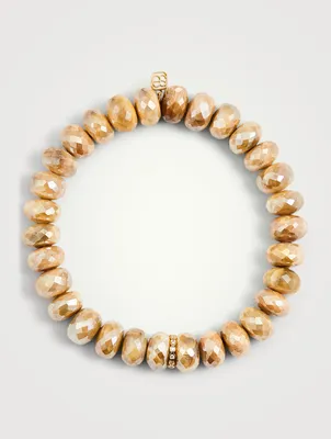 Moonstone Beaded Bracelet With 14K Gold Diamond Bezel Charm