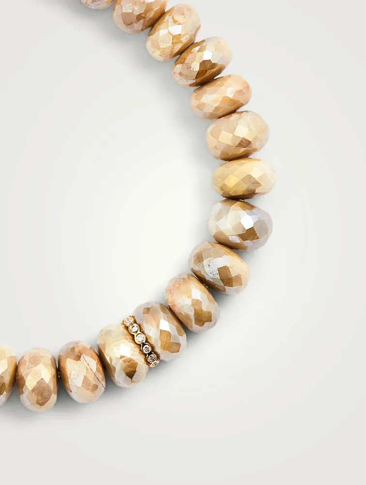 Moonstone Beaded Bracelet With 14K Gold Diamond Bezel Charm