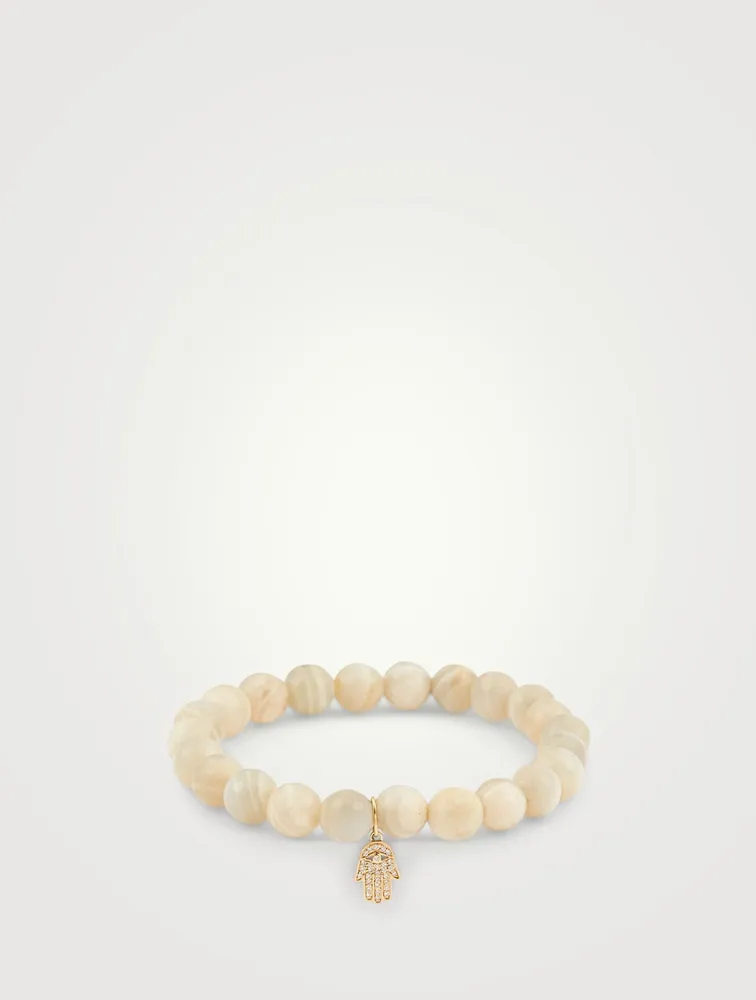 Moonstone Beaded Bracelet With 14K Gold Diamond Hamsa Charm