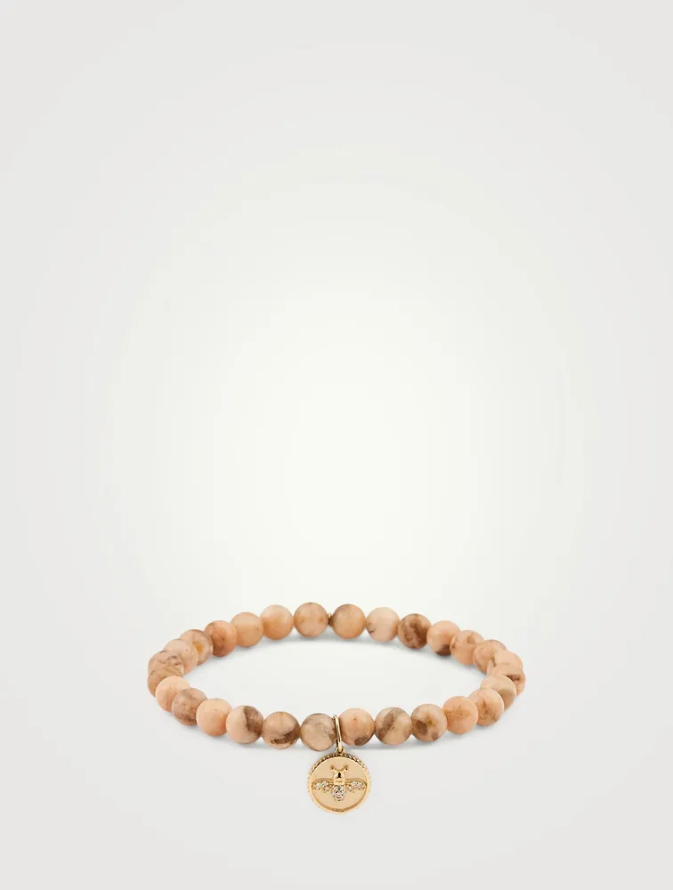 Feldspar Beaded Bracelet With 14K Gold Diamond Bee Charm