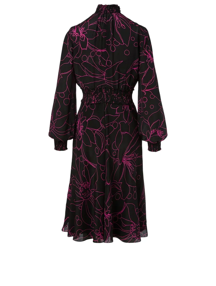 Silk Midi Dress Sashiko Flower Print