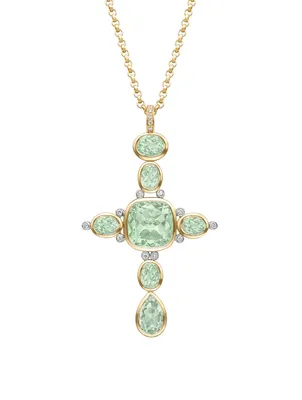Special Edition 18K Gold Cross Pendant Necklace With Green Amethyst And Diamonds