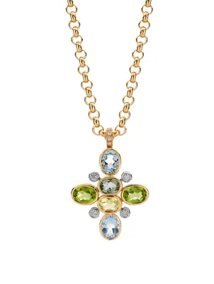 Kiki Classics 18K Gold Cross Oval Pendant Necklace With Multicolour Stones And Diamonds