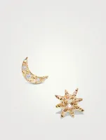 Aztec Gold Moon Crescent And Starburst Mix Stud Earrings With White Topaz And Diamonds