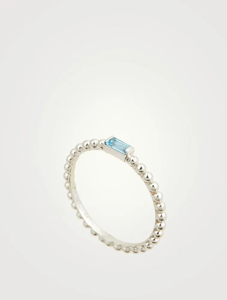 Dew Drop Silver Baguette Stackable Ring With Blue Topaz