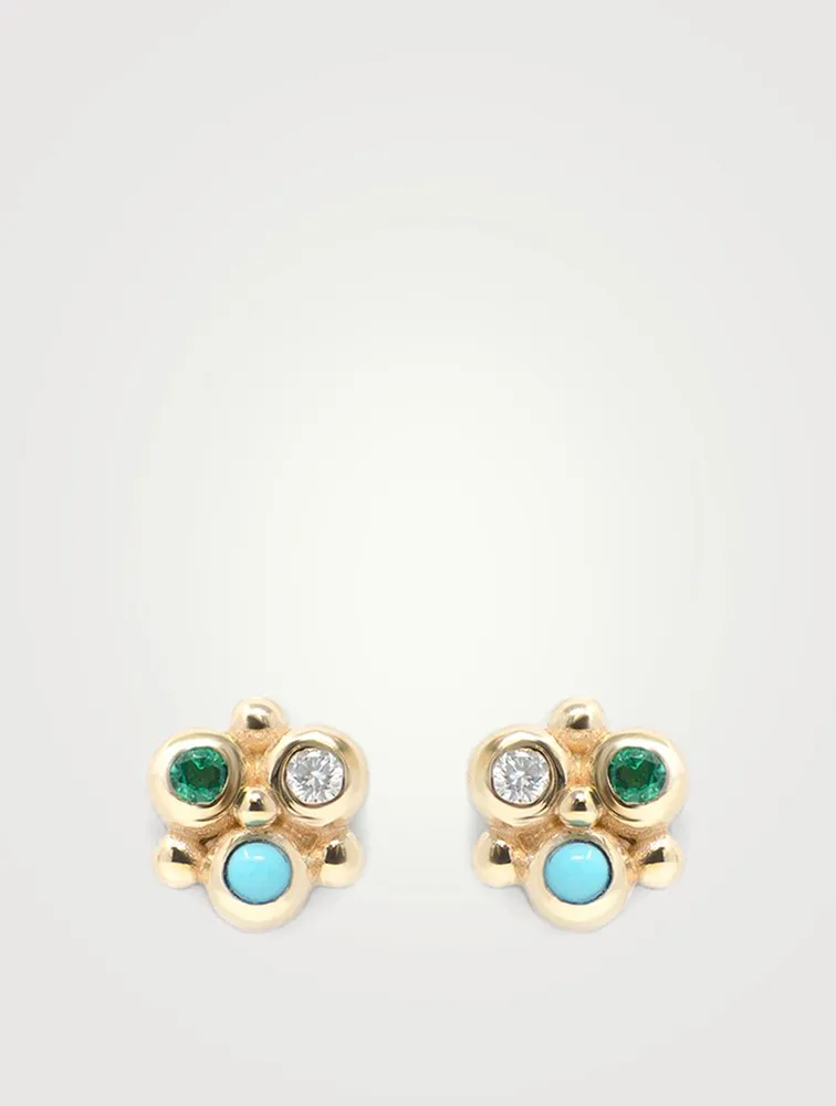 Dew Drop Gold Mini Fleur Earrings With Turquoise, Emerald And Diamonds