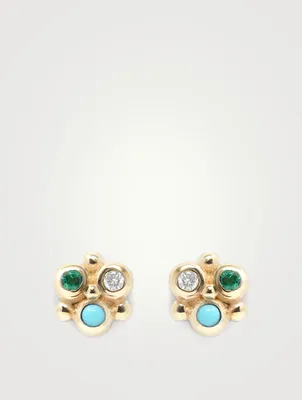 Dew Drop Gold Mini Fleur Earrings With Turquoise, Emerald And Diamonds