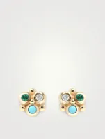 Dew Drop Gold Mini Fleur Earrings With Turquoise, Emerald And Diamonds