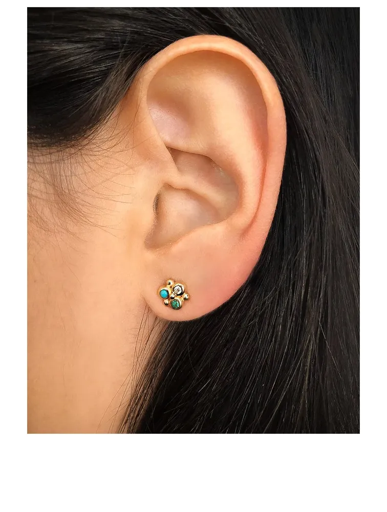 Dew Drop Gold Mini Fleur Earrings With Turquoise, Emerald And Diamonds