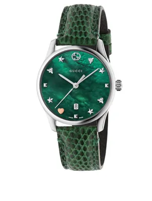 G-Timeless Leather Strap Watch With Mother Of Pearl