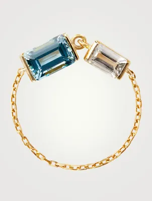 18K Gold Chain Ring With Topaz And Aquamarine