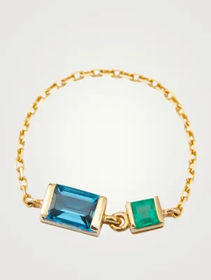 18K Gold Chain Ring With Topaz And Emerald