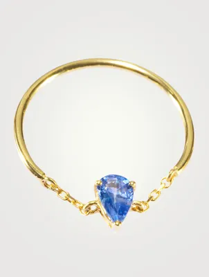 18K Gold Half Chain Ring With Teardrop Sapphire