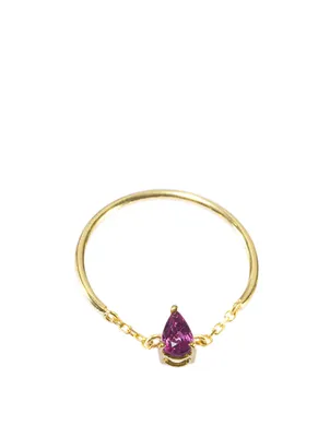 18K Gold Half Chain Ring With Teardrop Ruby