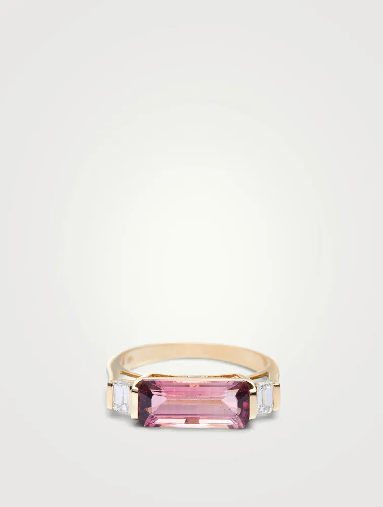 18K Gold East West Ring Pink Tourmaline And Diamonds