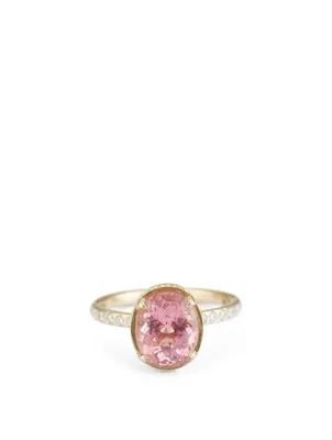 18K Gold Pink Tourmaline Halo Ring With Diamonds