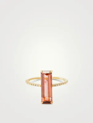 18K Gold Pink Tourmaline Bar Ring With Diamonds
