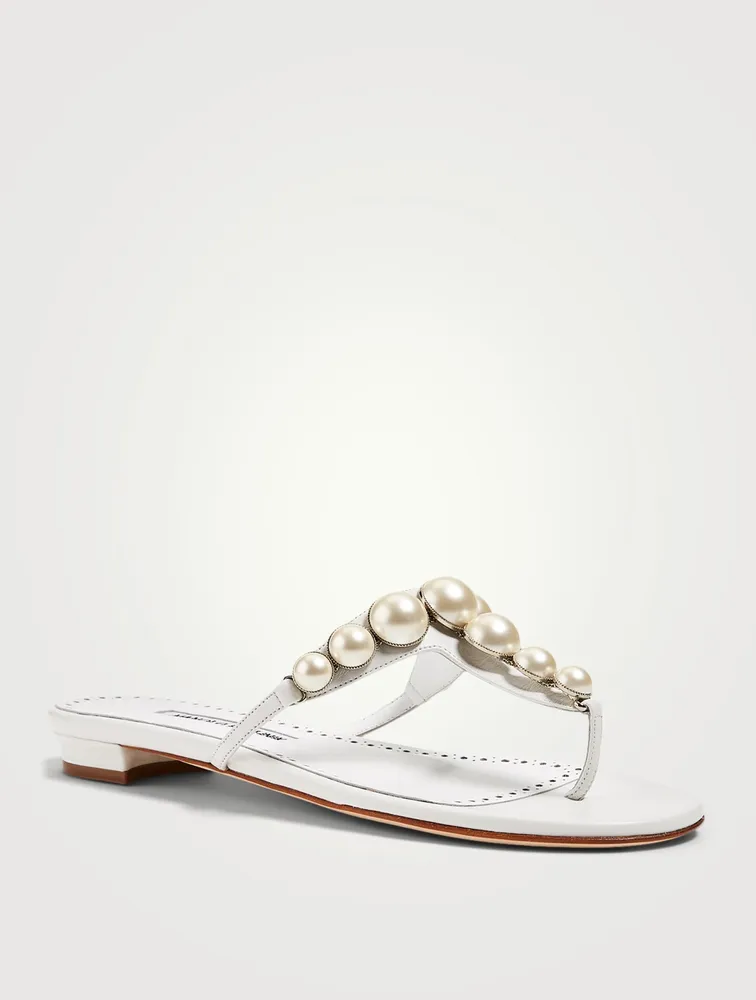 Perosaflat Leather Thong Sandals With Pearls