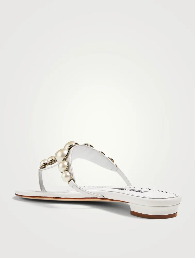 Perosaflat Leather Thong Sandals With Pearls