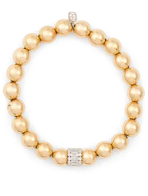 14K Gold Beaded Bracelet With 14K White Gold Diamond Rondelle