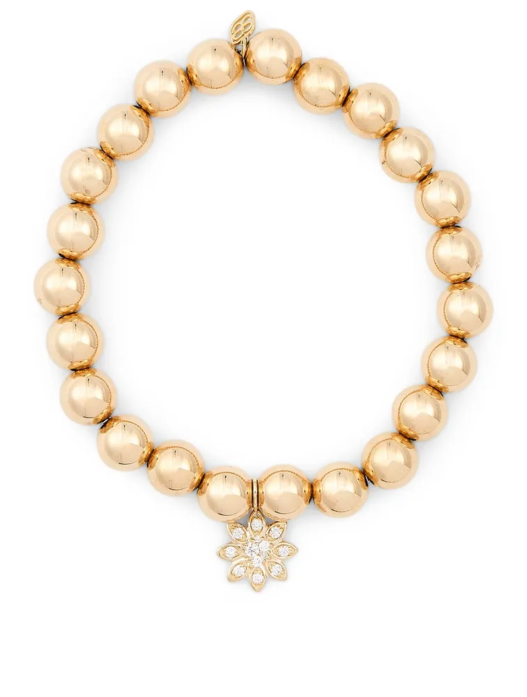 14K Gold Beaded Bracelet With Diamond Flower Charm