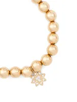 14K Gold Beaded Bracelet With Diamond Flower Charm