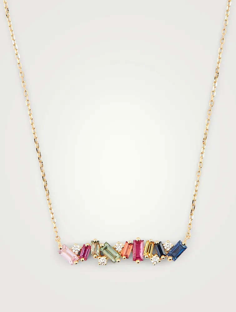 Rainbow Fireworks 18K Gold Bar Necklace With Diamonds And Sapphires