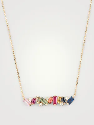 Rainbow Fireworks 18K Gold Bar Necklace With Diamonds And Sapphires